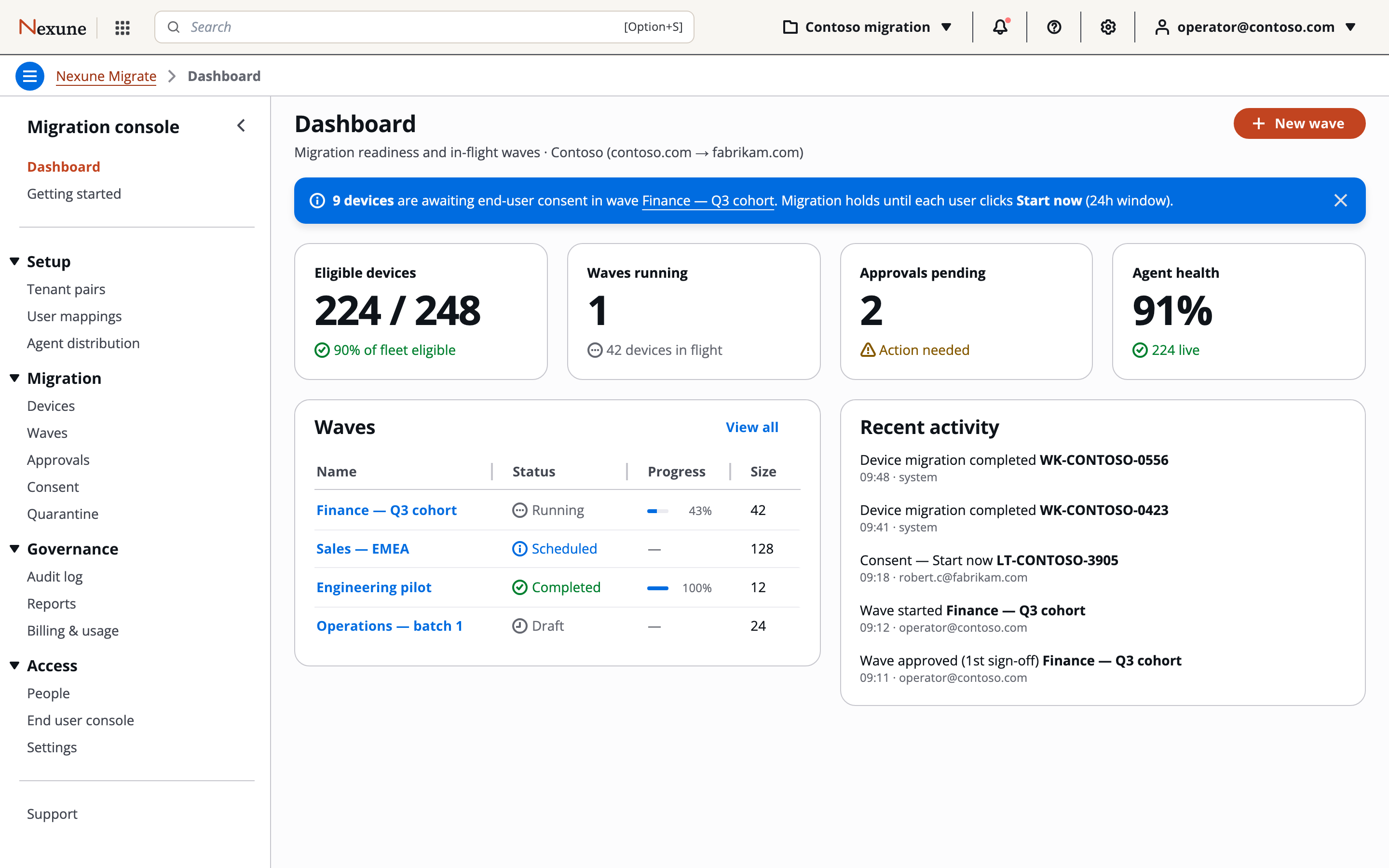Dashboard page of the Nexune Migrate console